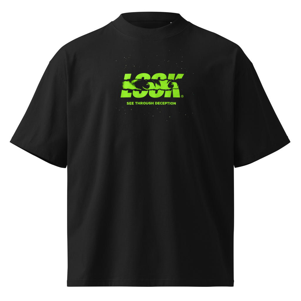 Black oversized streetwear t-shirt with neon green LOOK graphic front print