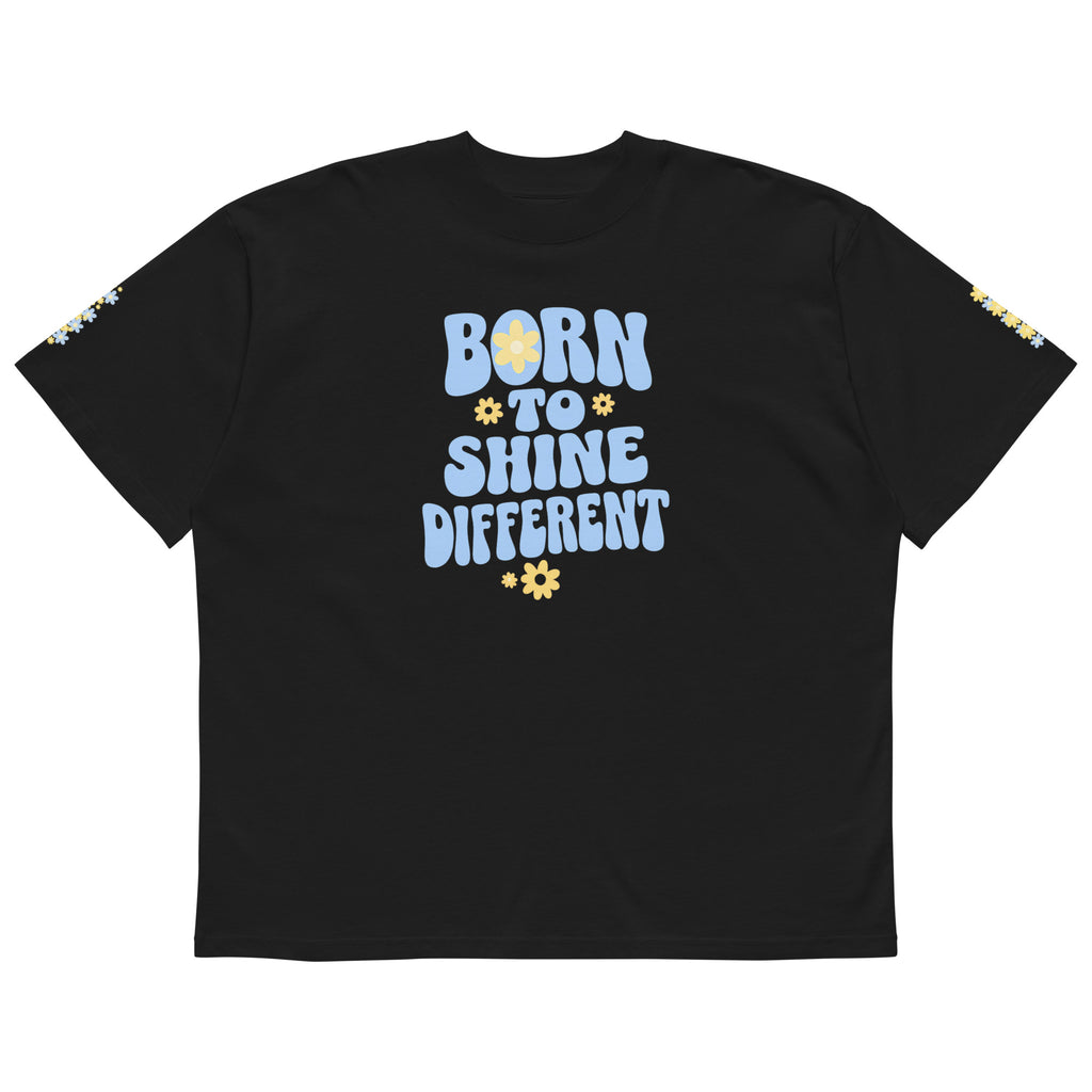 Black oversized t-shirt with Born to Shine Different pastel blue graphic front print