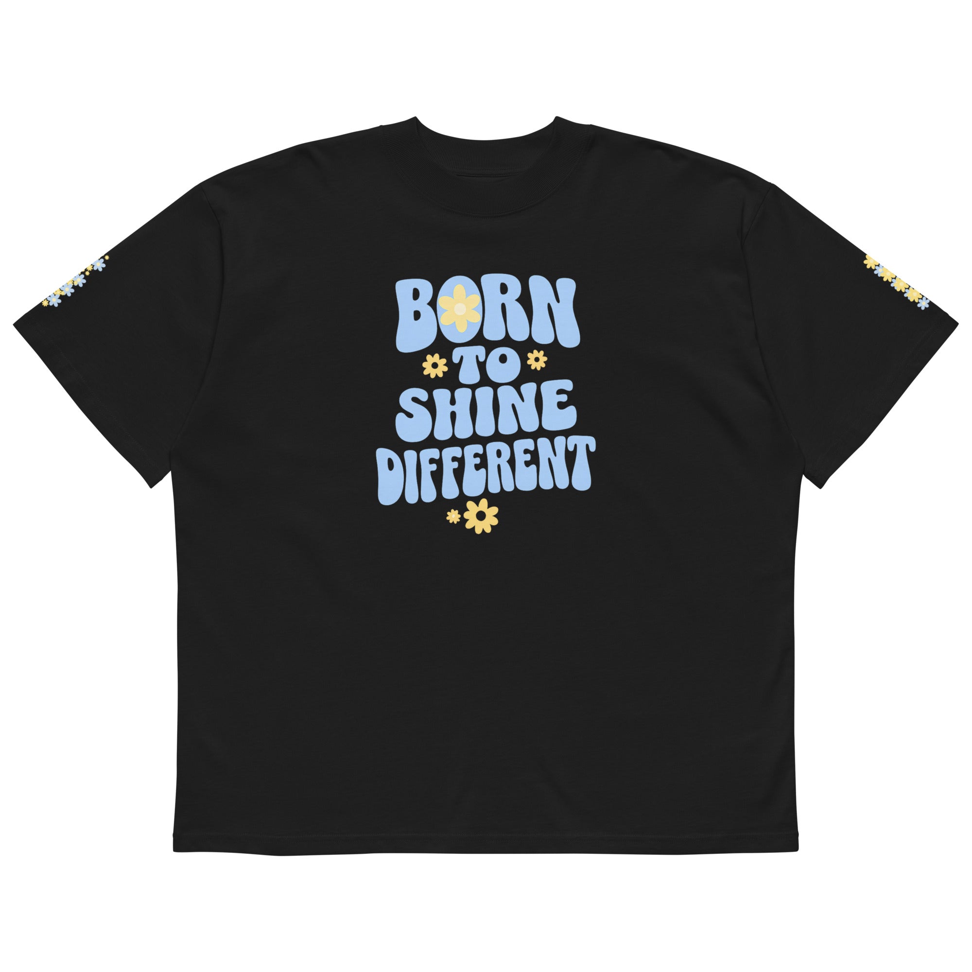 Black oversized t-shirt with Born to Shine Different pastel blue graphic front print