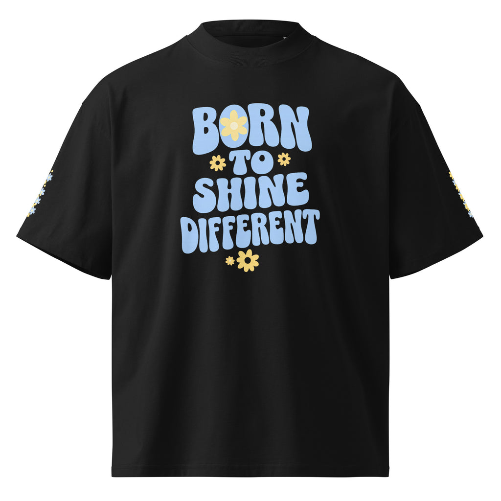 Black oversized t-shirt with Born to Shine Different pastel blue graphic front print