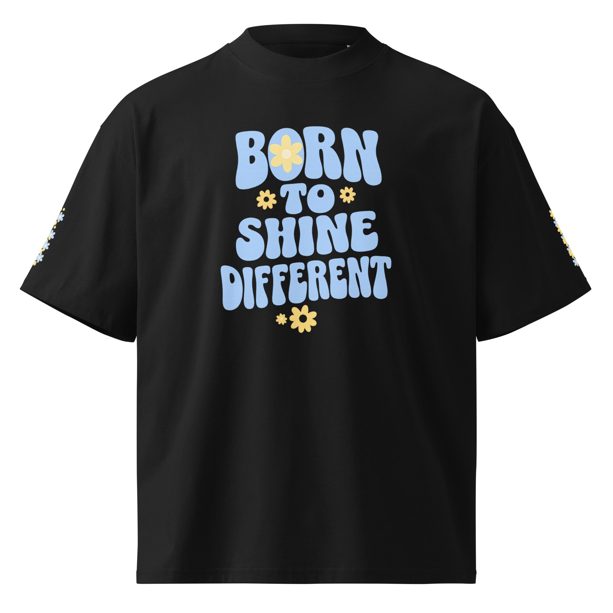 Black oversized t-shirt with Born to Shine Different pastel blue graphic front print