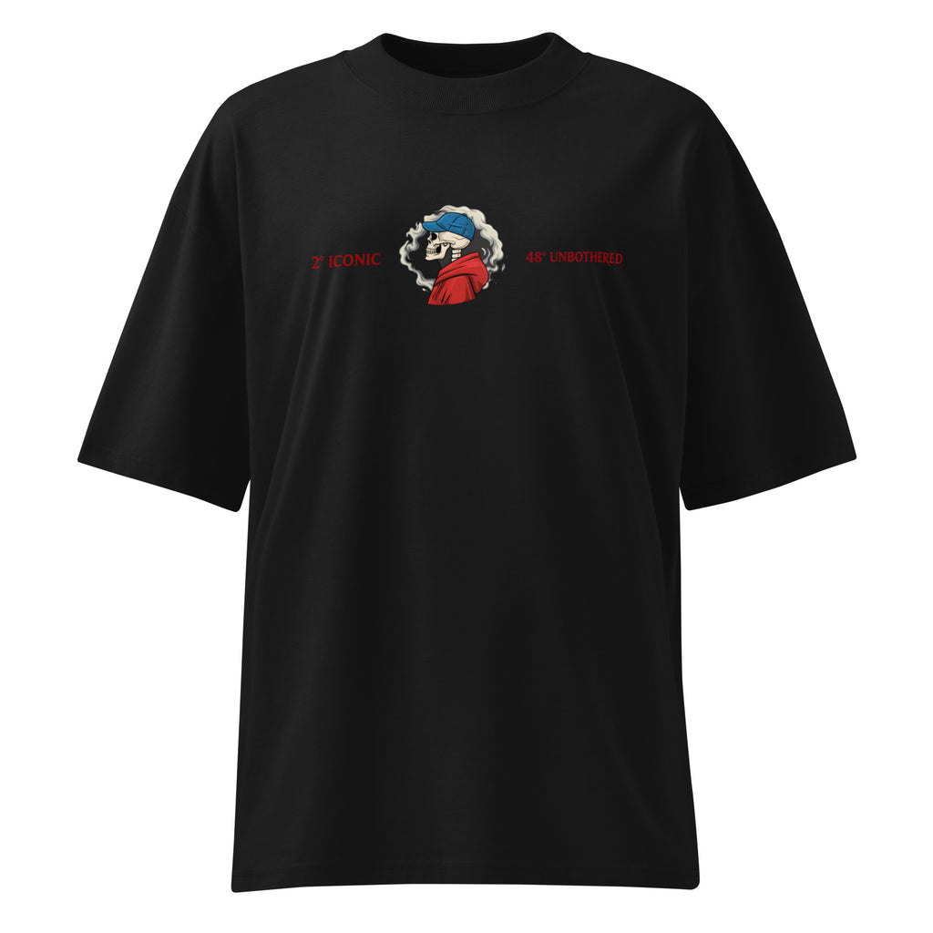 Black oversized T-shirt with small chest logo print, relaxed unisex streetwear fit.