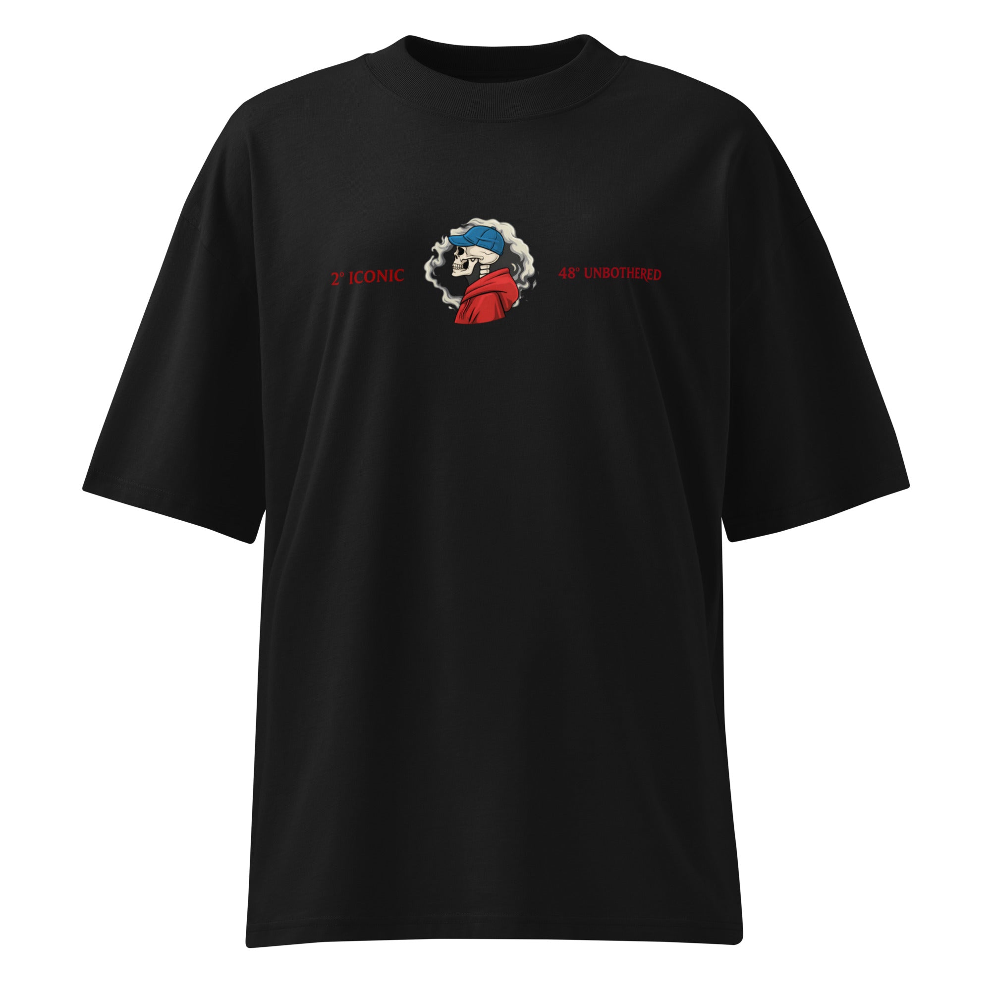 Black oversized T-shirt with small chest logo print, relaxed unisex streetwear fit.