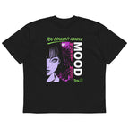 Oversized black statement t-shirt featuring bold vertical “Mood” text and vibrant purple graphic illustration, contemporary women’s streetwear fashion.