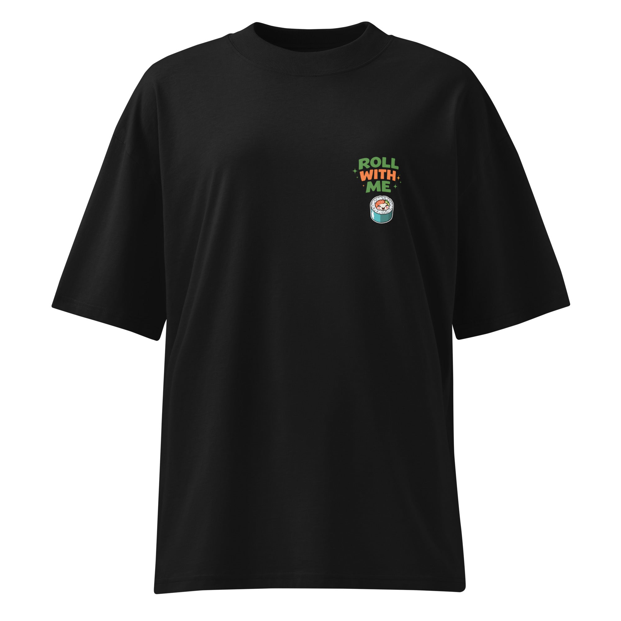 front view black oversized graphic streetwear t shirt roll with me sushi graphic streetwear fashion