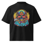 front view oversized black graphic streetwear t shirt neon skull street art design graphic streetwear