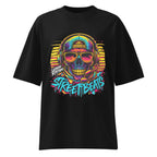 Front view oversized black graphic streetwear t shirt neon skull graffiti design urban streetwear clothing