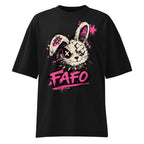 flat lay oversized black graphic streetwear t shirt punk rabbit graffiti design urban streetwear outfit