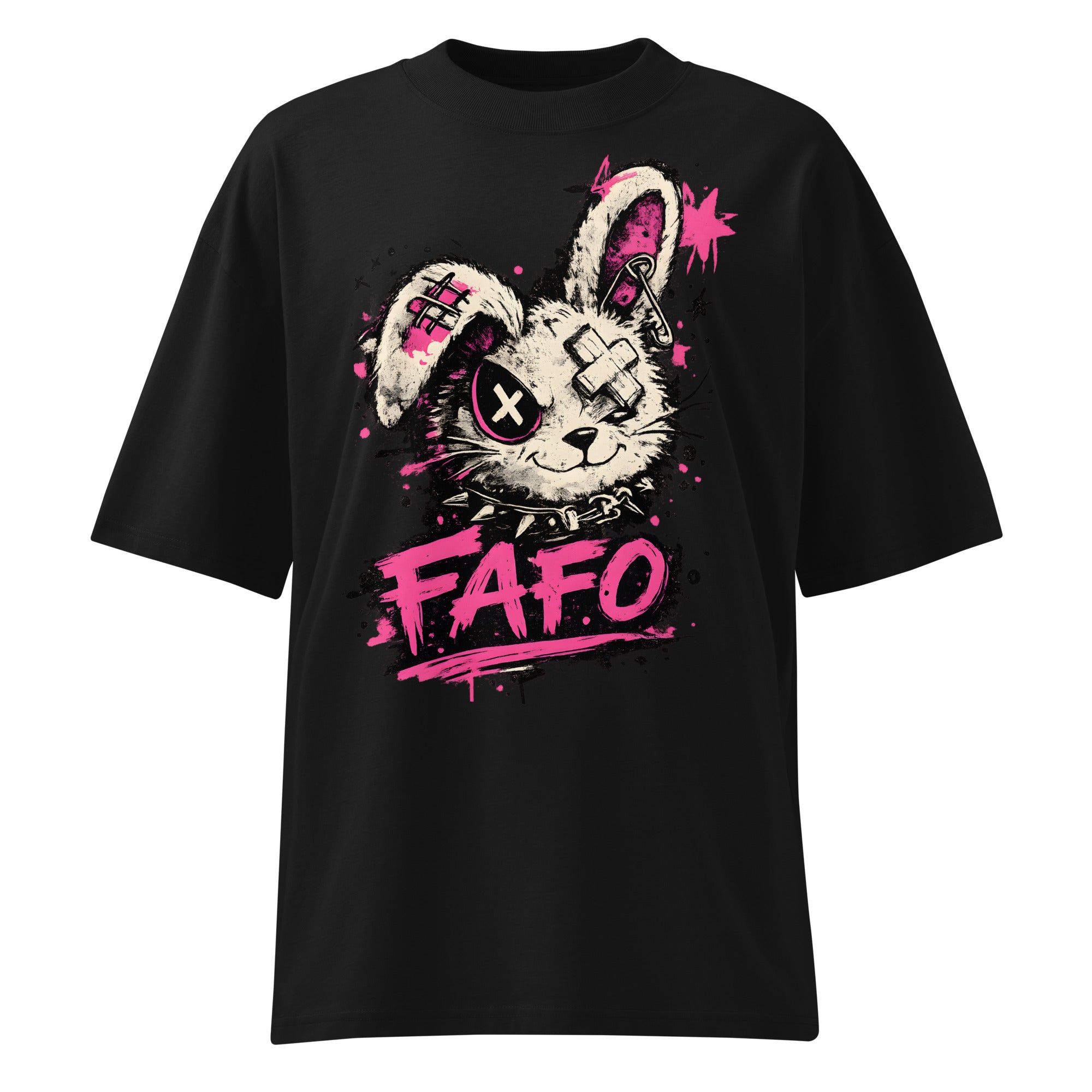 flat lay oversized black graphic streetwear t shirt punk rabbit graffiti design urban streetwear outfit