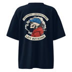 Navy blue oversized T-shirt featuring large back graphic design with vintage illustration and statement text.