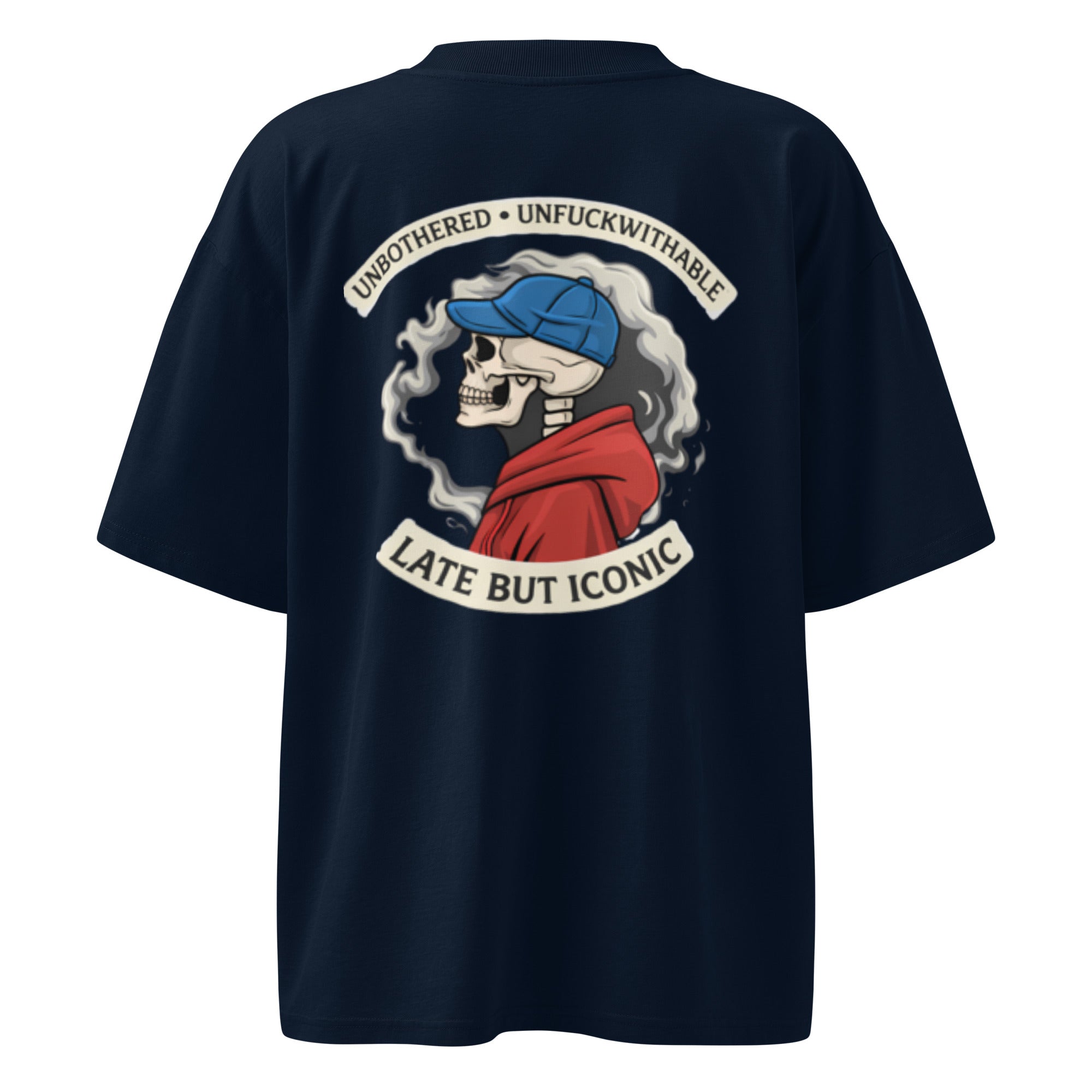 Navy blue oversized T-shirt featuring large back graphic design with vintage illustration and statement text.