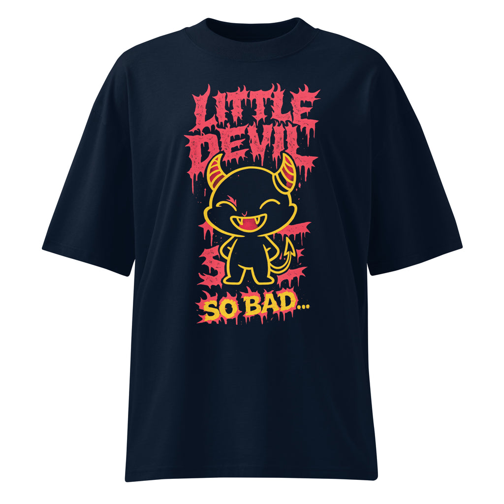 French navy oversized streetwear T-shirt featuring a dripping red “Little Devil” graphic, cute cartoon devil character illustration and bold “So Bad” slogan print on the front