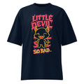 French navy oversized streetwear T-shirt featuring a dripping red “Little Devil” graphic, cute cartoon devil character illustration and bold “So Bad” slogan print on the front