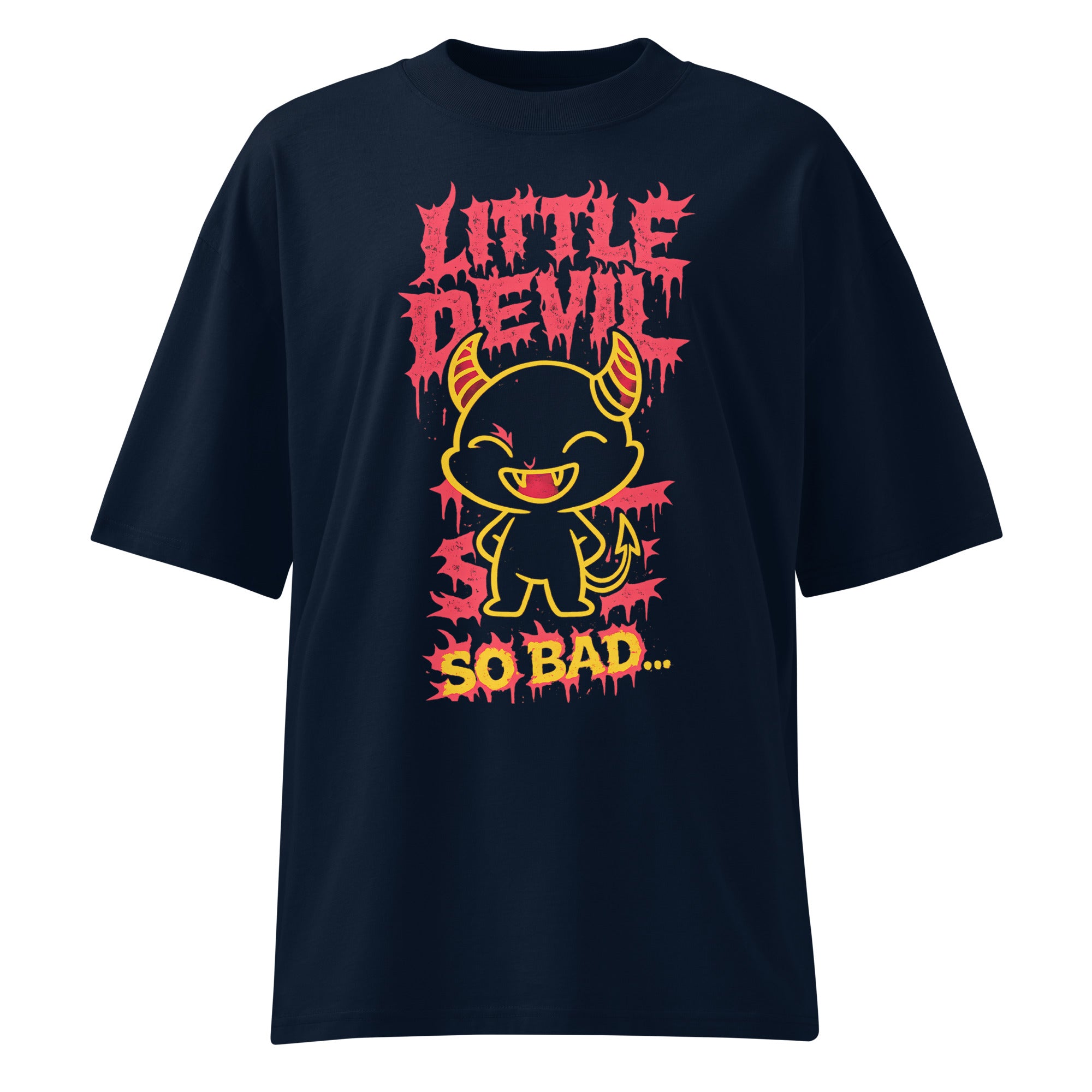 French navy oversized streetwear T-shirt featuring a dripping red “Little Devil” graphic, cute cartoon devil character illustration and bold “So Bad” slogan print on the front