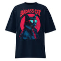 Oversized french navy streetwear t-shirt with badass cat illustration wearing sunglasses and jacket with red circle background, front view