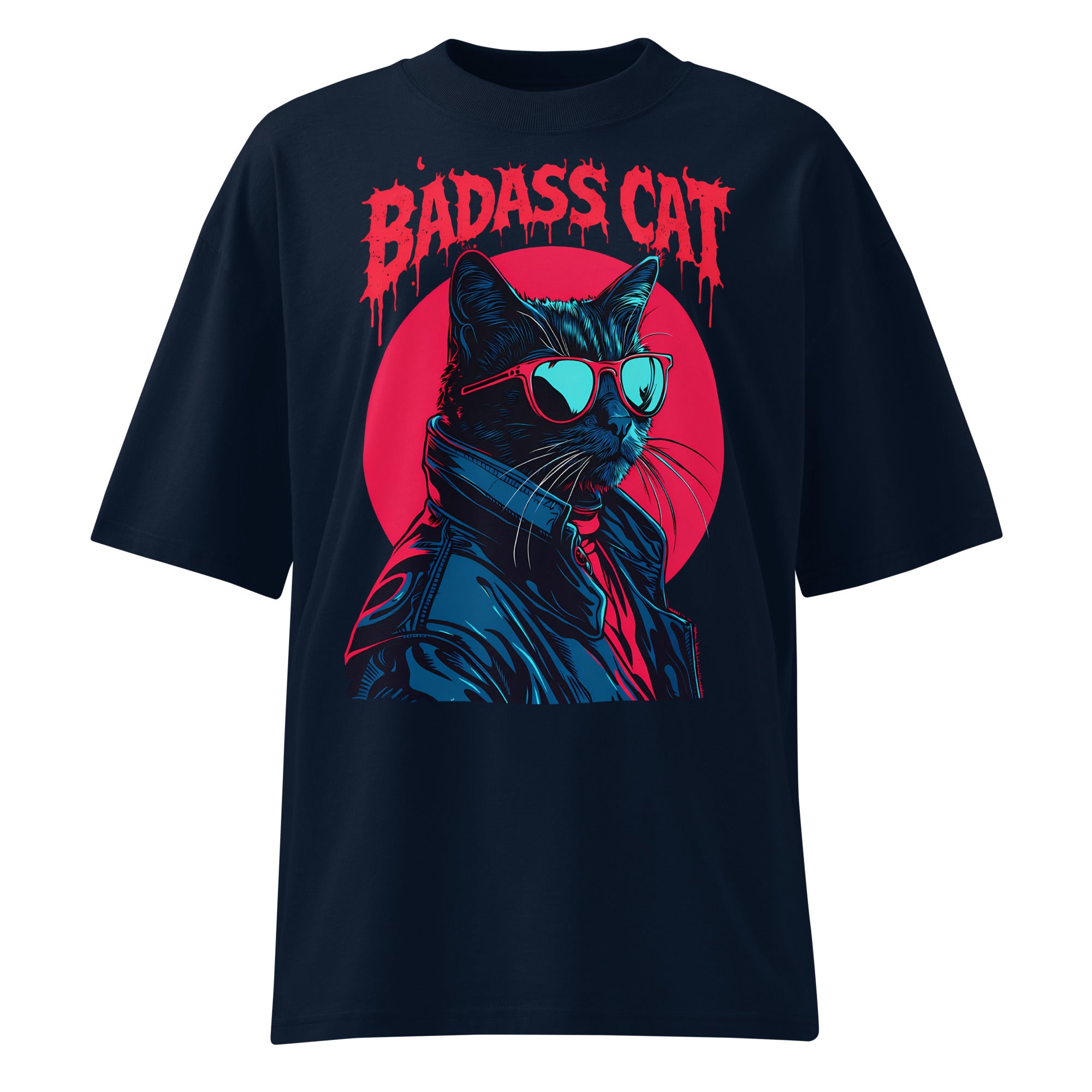Oversized french navy streetwear t-shirt with badass cat illustration wearing sunglasses and jacket with red circle background, front view