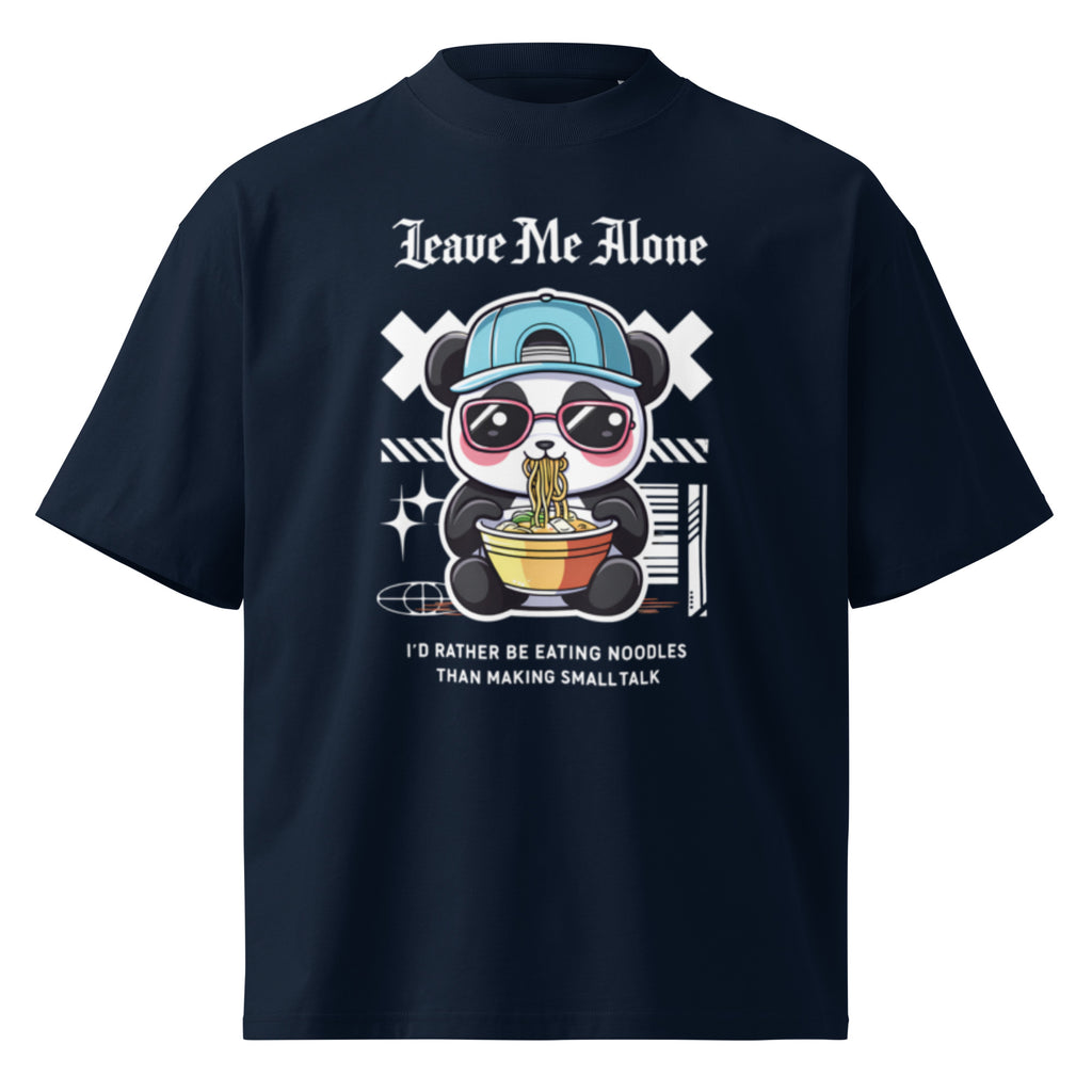 Oversized french navy streetwear t-shirt with panda eating noodles cartoon graphic and leave me alone typography, front view