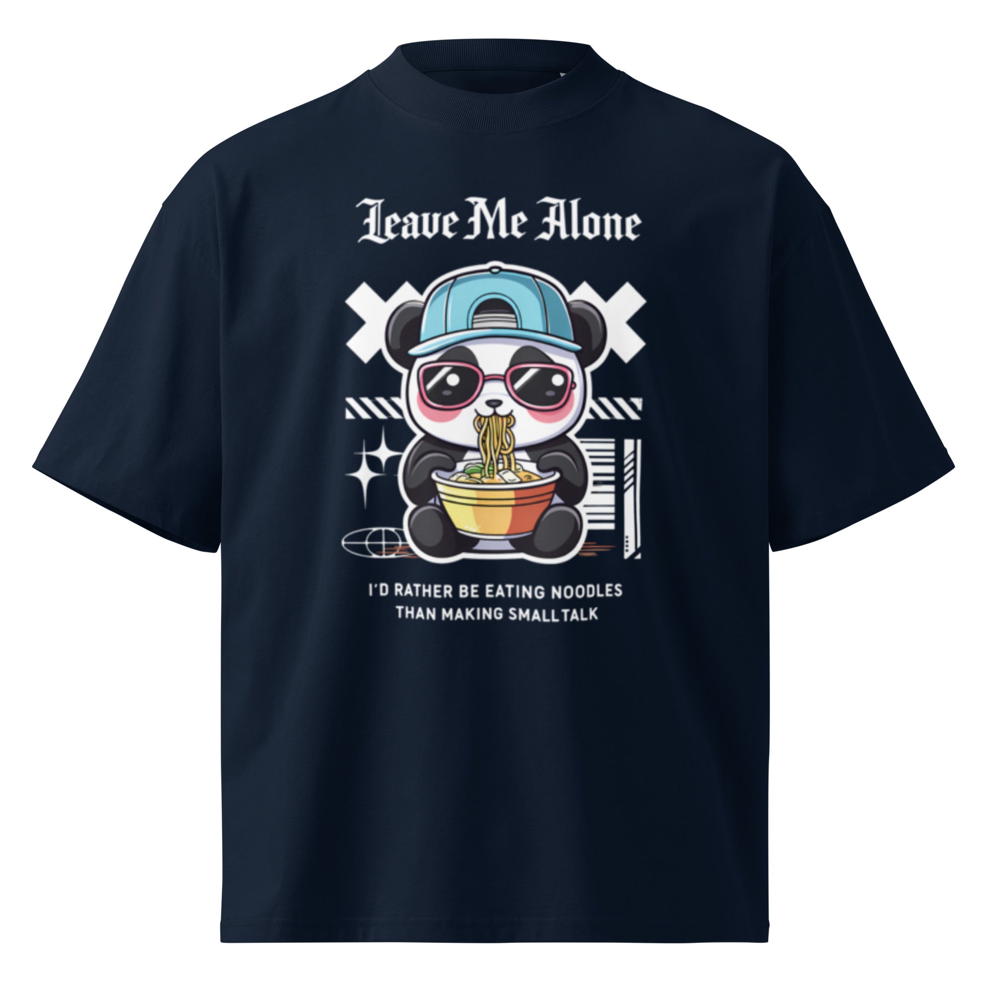 Oversized french navy streetwear t-shirt with panda eating noodles cartoon graphic and leave me alone typography, front view