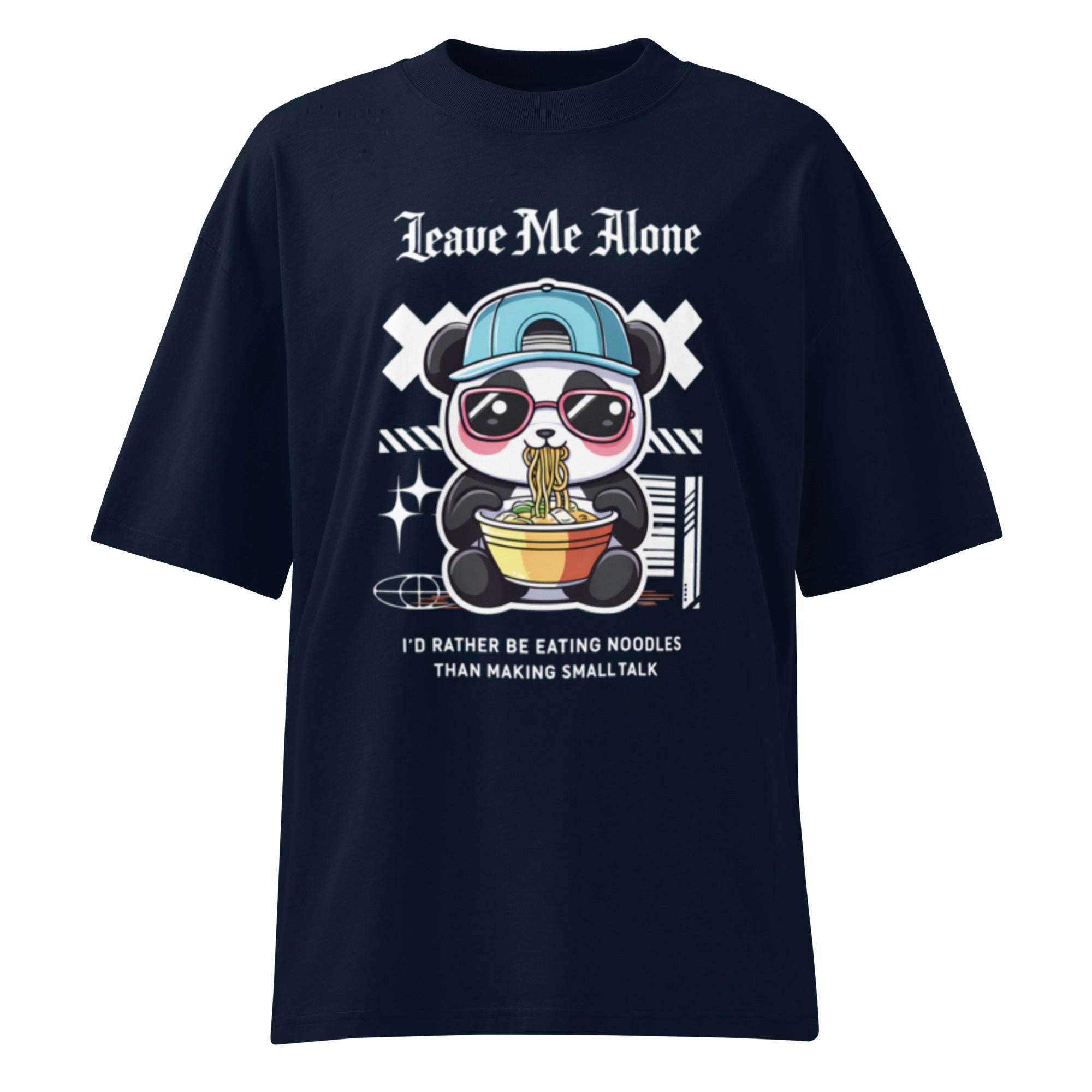 Oversized navy streetwear t-shirt with panda eating noodles cartoon graphic and leave me alone typography, front view