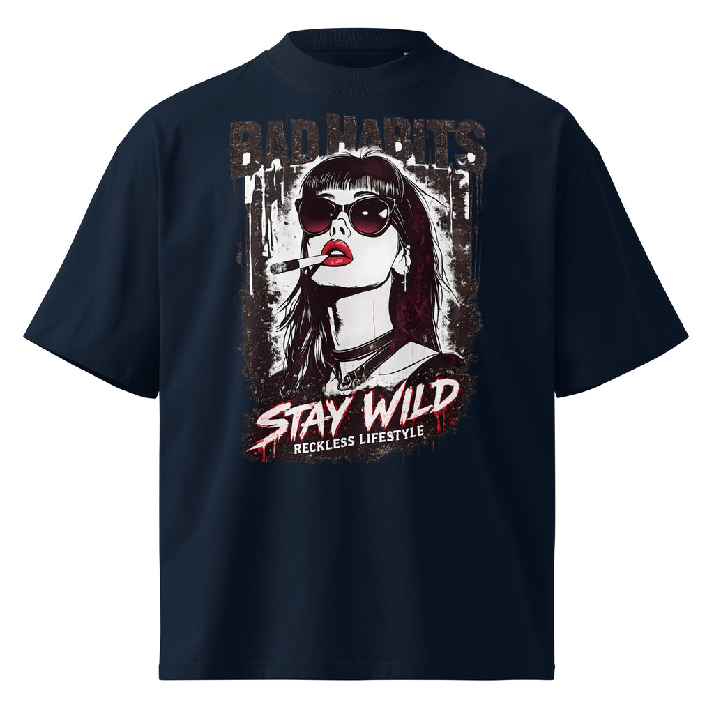 Navy oversized streetwear graphic t-shirt with rebellious portrait artwork, front view