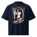 Navy oversized streetwear graphic t-shirt with rebellious portrait artwork, front view