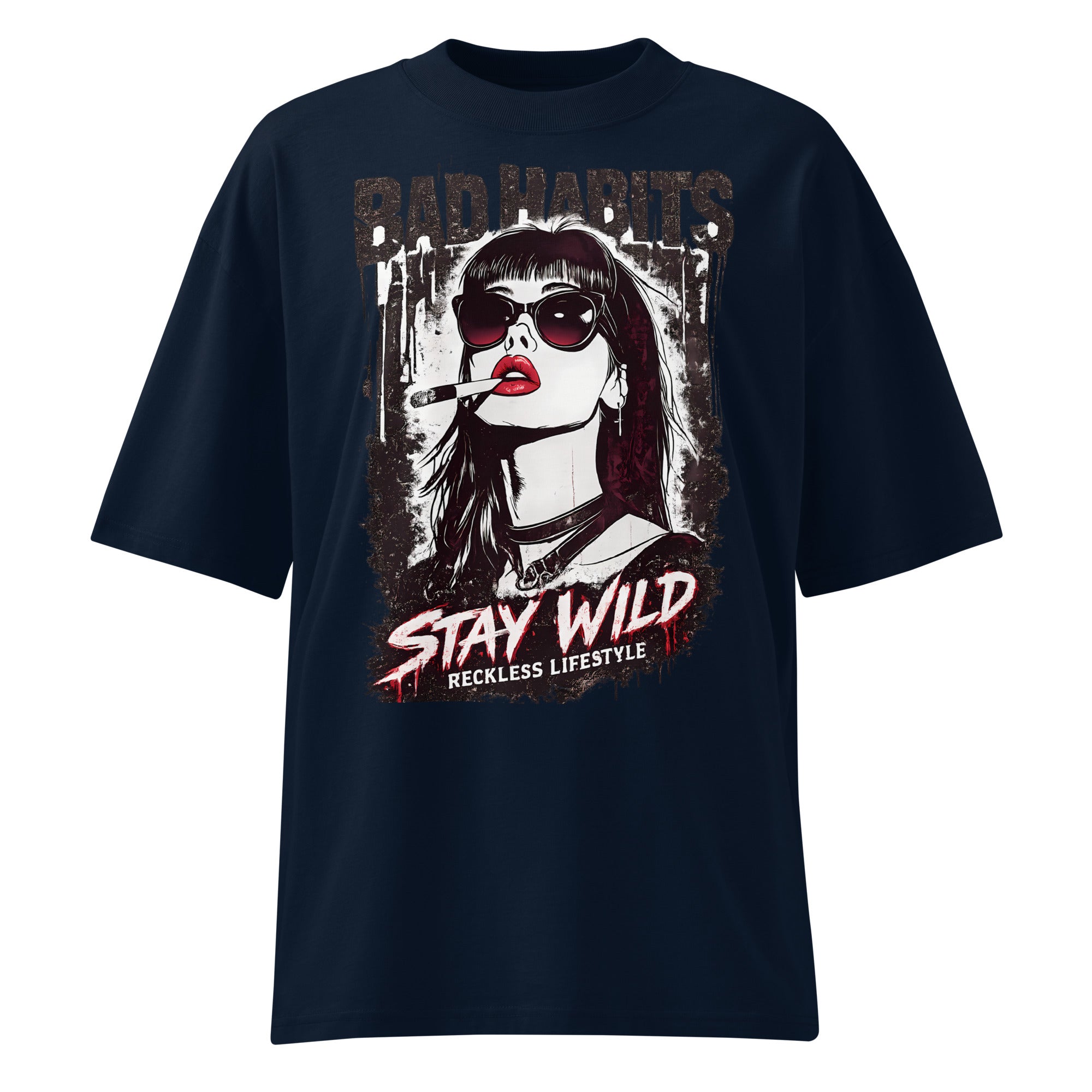 Navy oversized streetwear graphic t-shirt with rebellious portrait artwork, front view