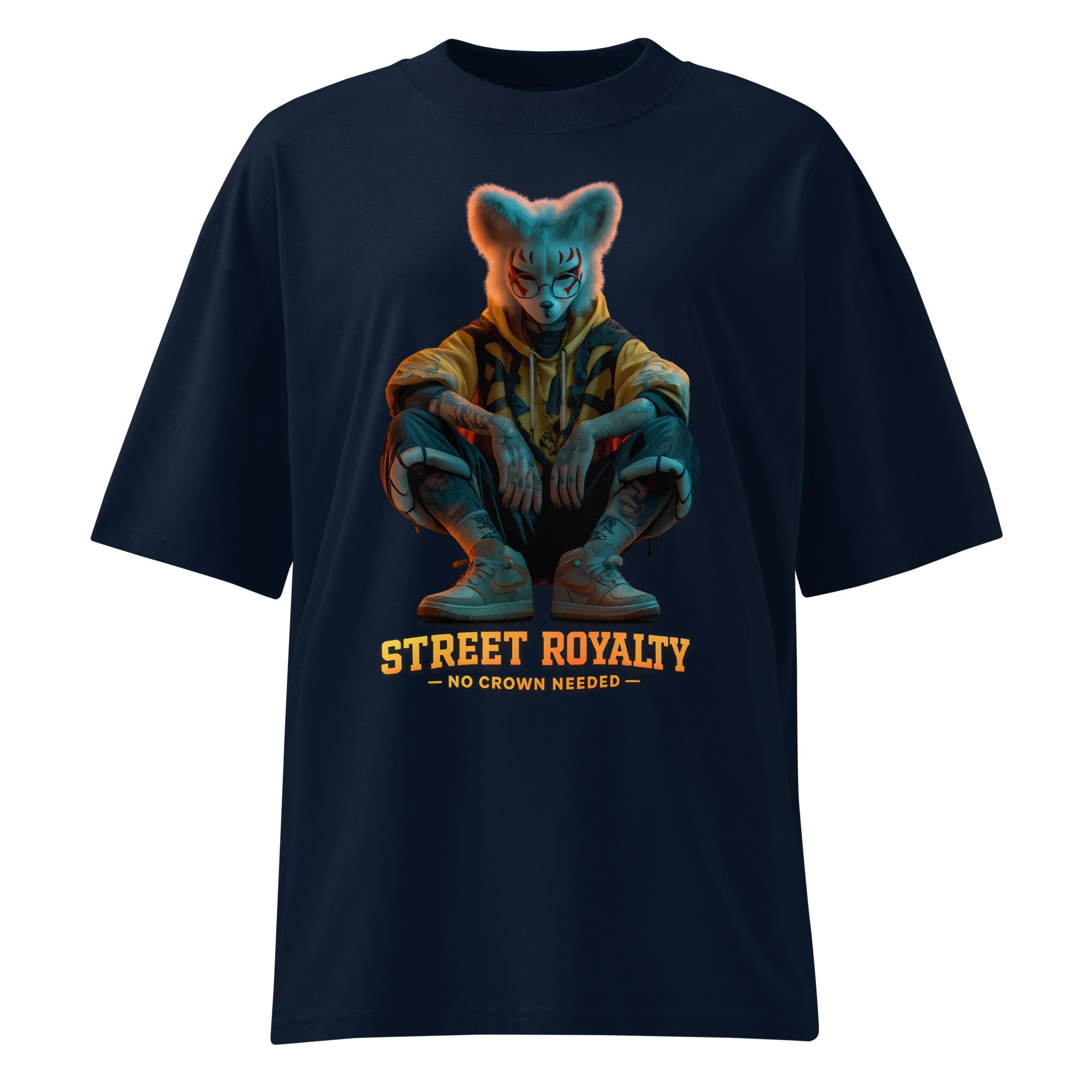 Statement streetwear oversized graphic shirt french navy background