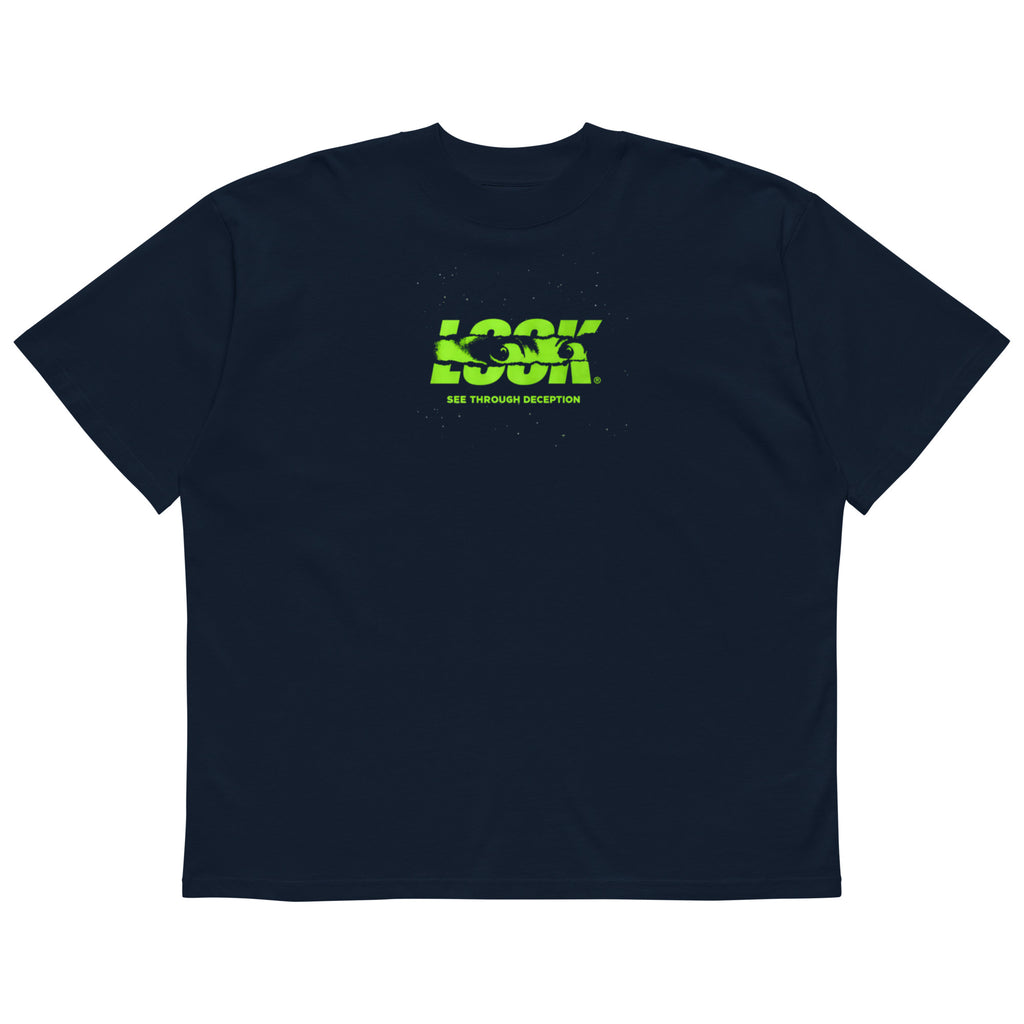 Navy oversized streetwear t-shirt with neon green LOOK graphic front print
