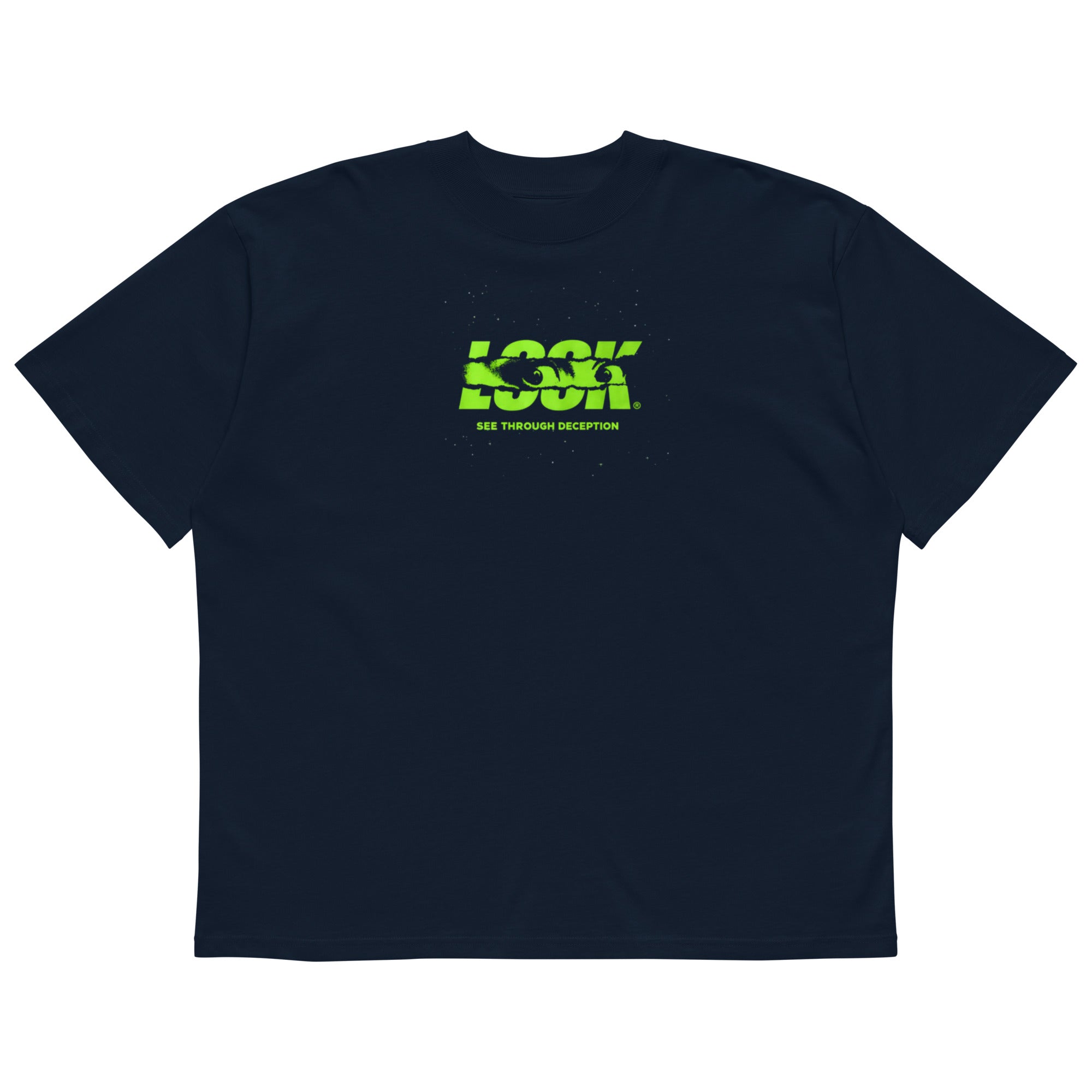 Navy oversized streetwear t-shirt with neon green LOOK graphic front print