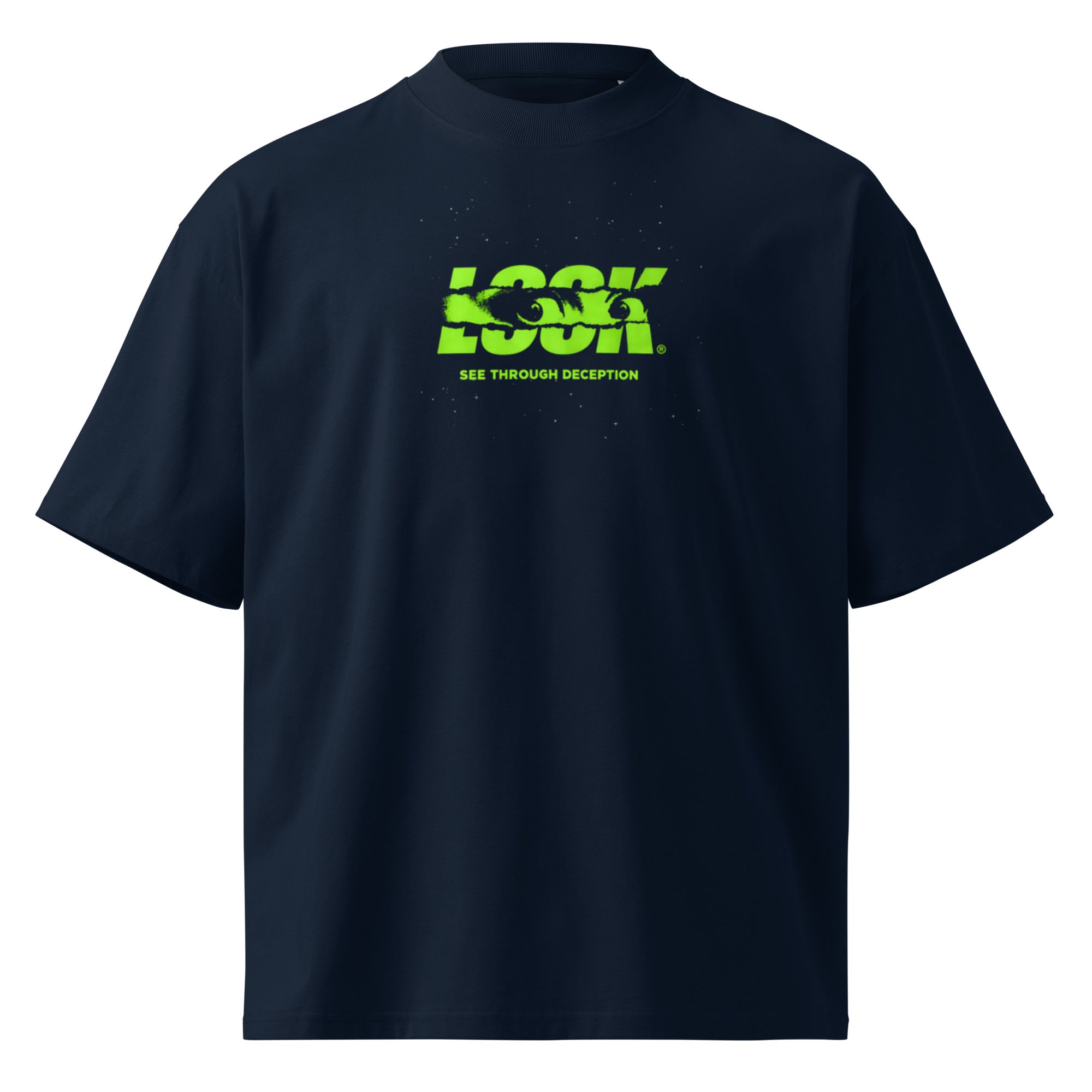 Minimal black graphic tee with bright green typography design