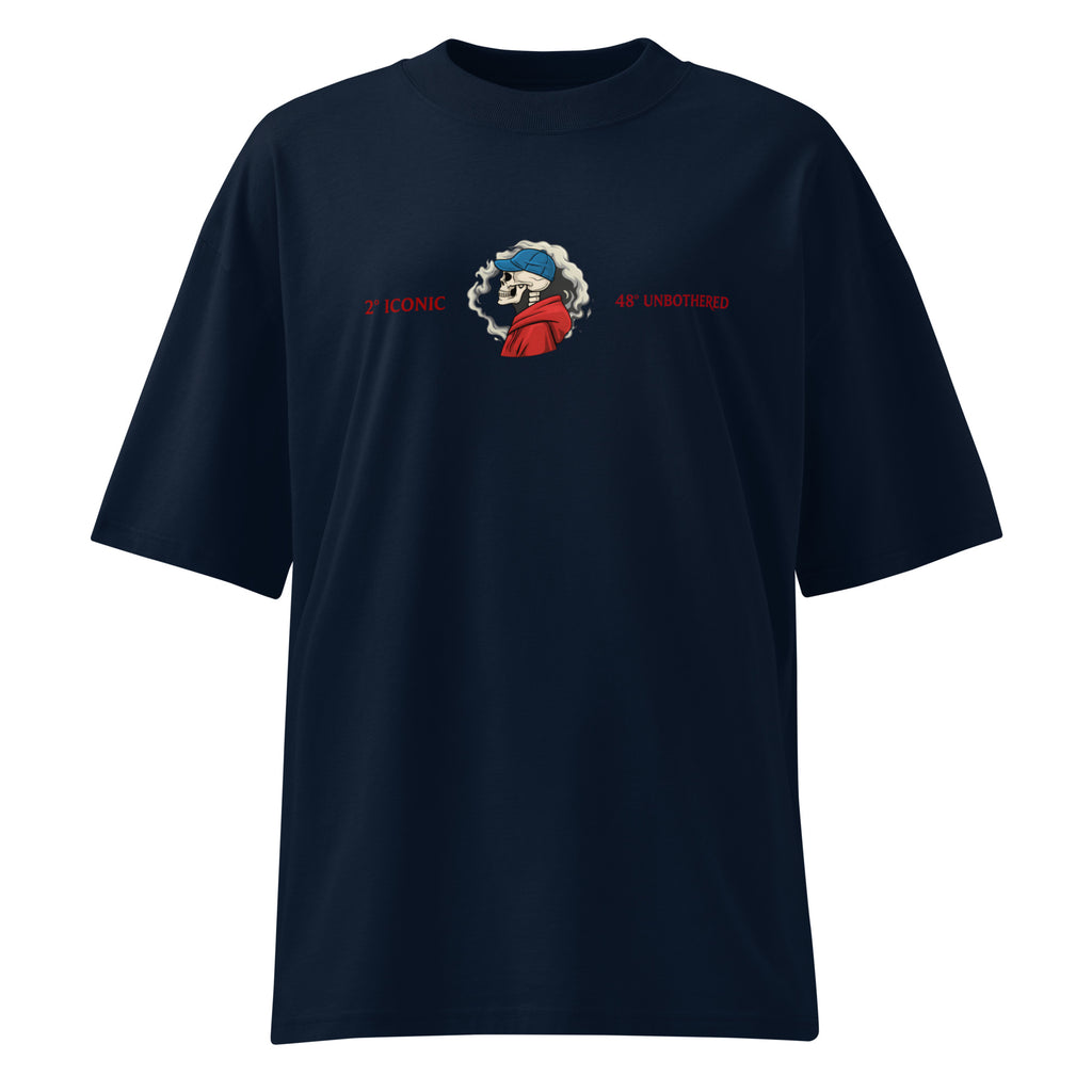 Navy oversized T-shirt with small chest logo print, unisex relaxed streetwear design.