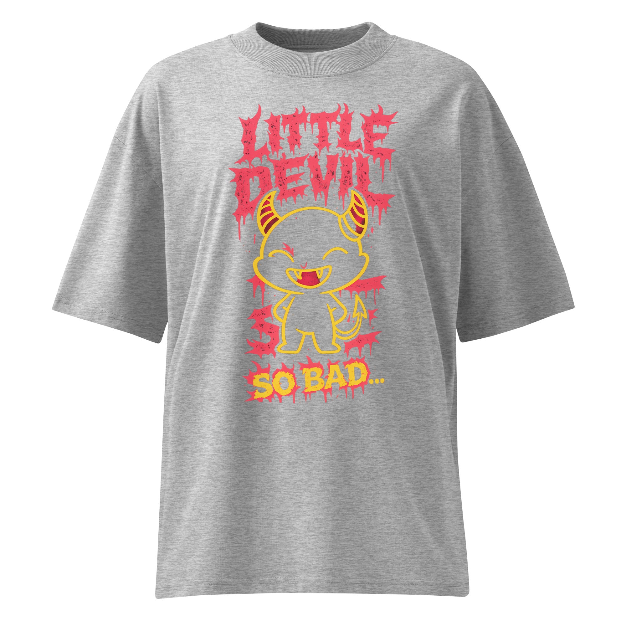 Heather grey oversized streetwear T-shirt featuring a dripping red “Little Devil” graphic, cute cartoon devil character illustration and bold “So Bad” slogan print on the front