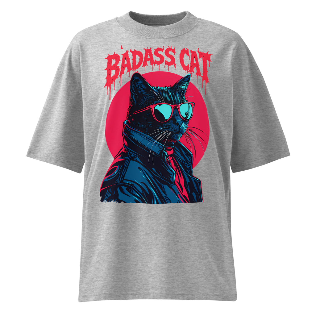 Oversized heather grey streetwear t-shirt with badass cat illustration wearing sunglasses and jacket with red circle background, front view