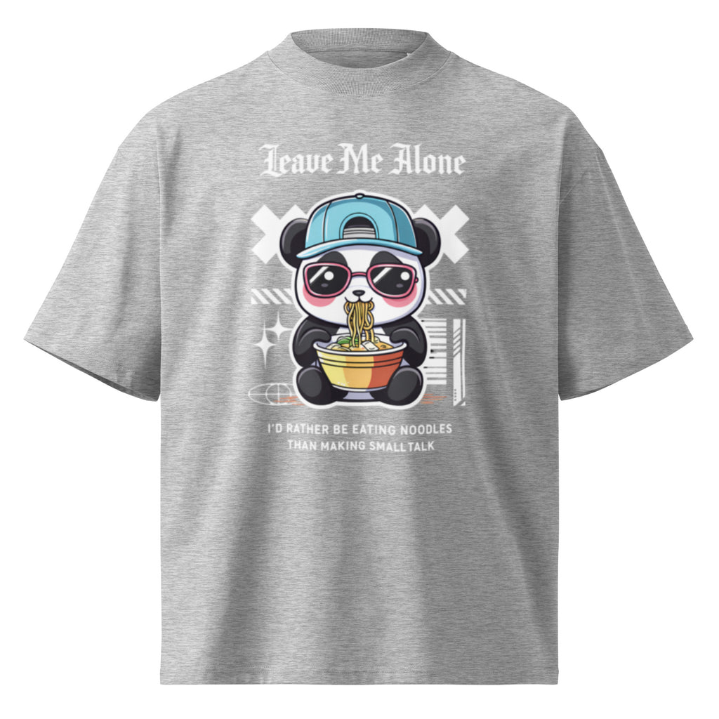 Oversized heather grey streetwear t-shirt with panda eating noodles cartoon graphic and leave me alone typography, front view