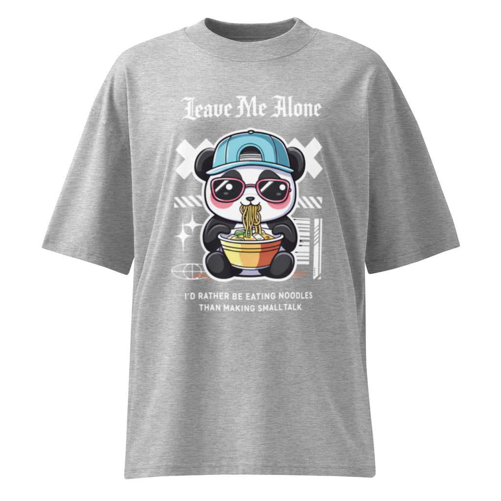 Oversized grey streetwear t-shirt with panda eating noodles cartoon graphic and leave me alone typography, front view