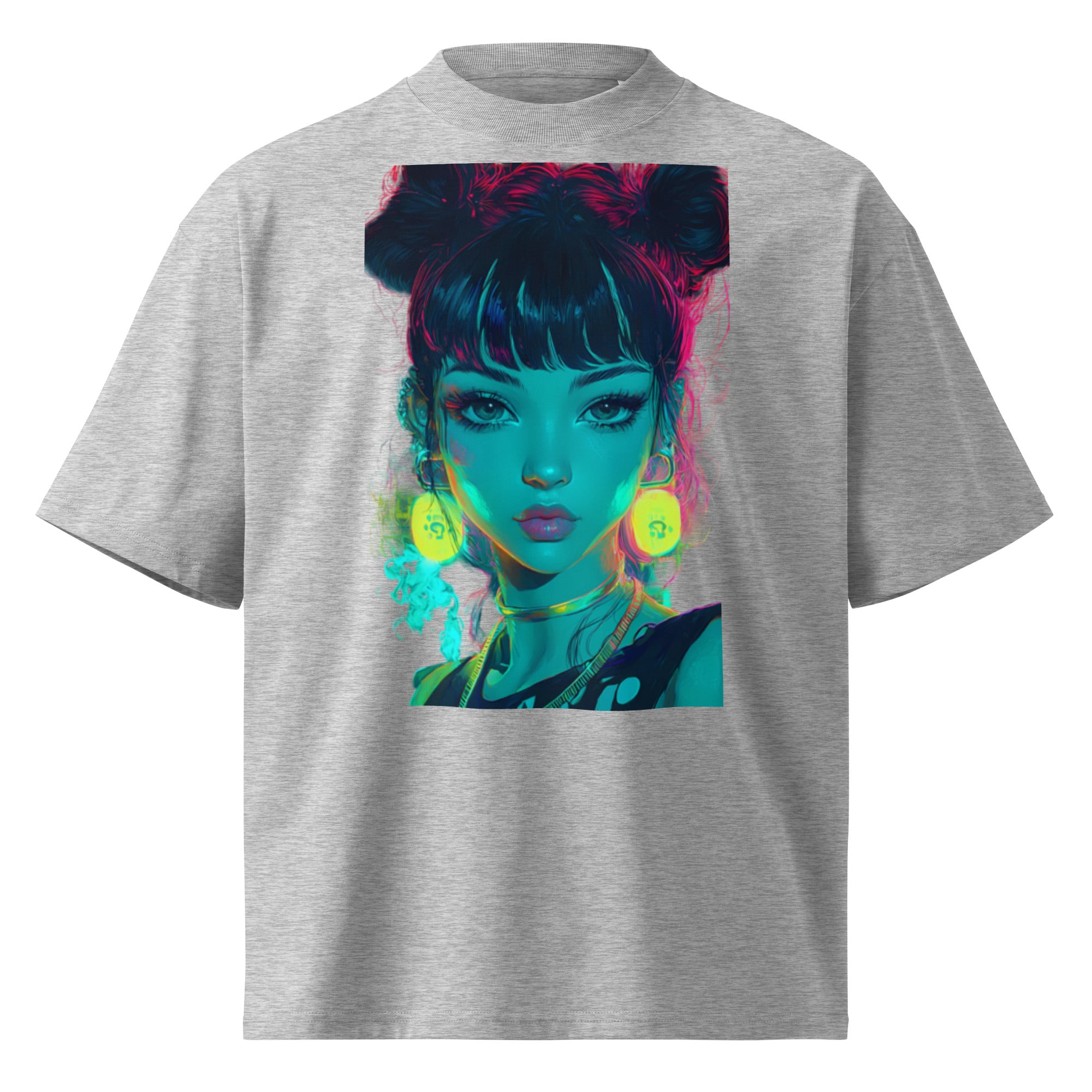 Oversized light grey streetwear t-shirt with neon pop art woman portrait graphic, front view