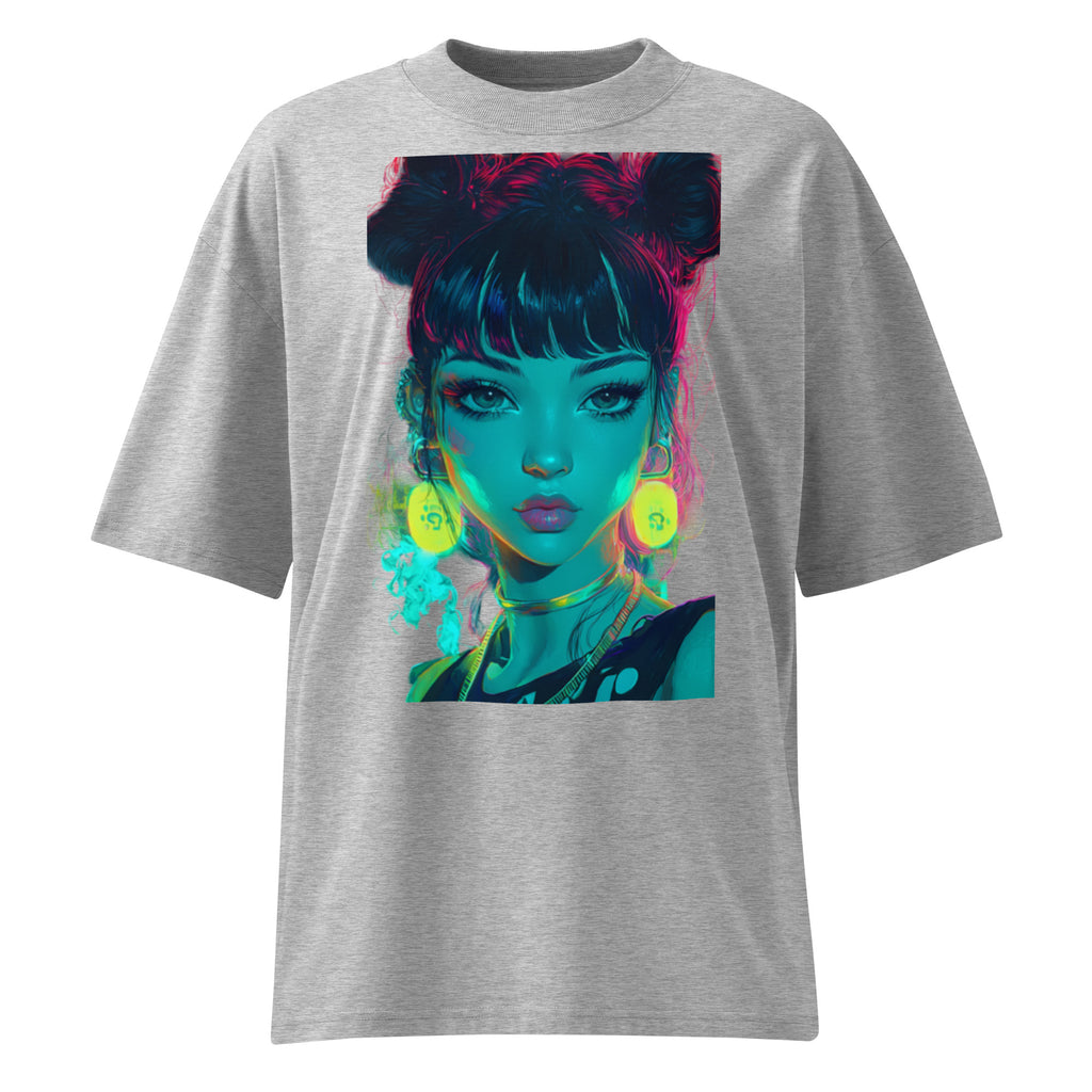 Grey oversized streetwear graphic t-shirt with colorful portrait print, front product mockup