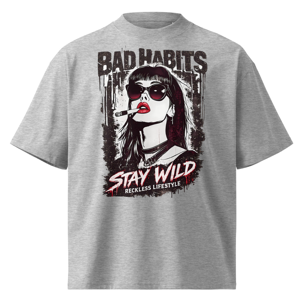 Grey oversized streetwear t-shirt with bad habits stay wild statement design, front view