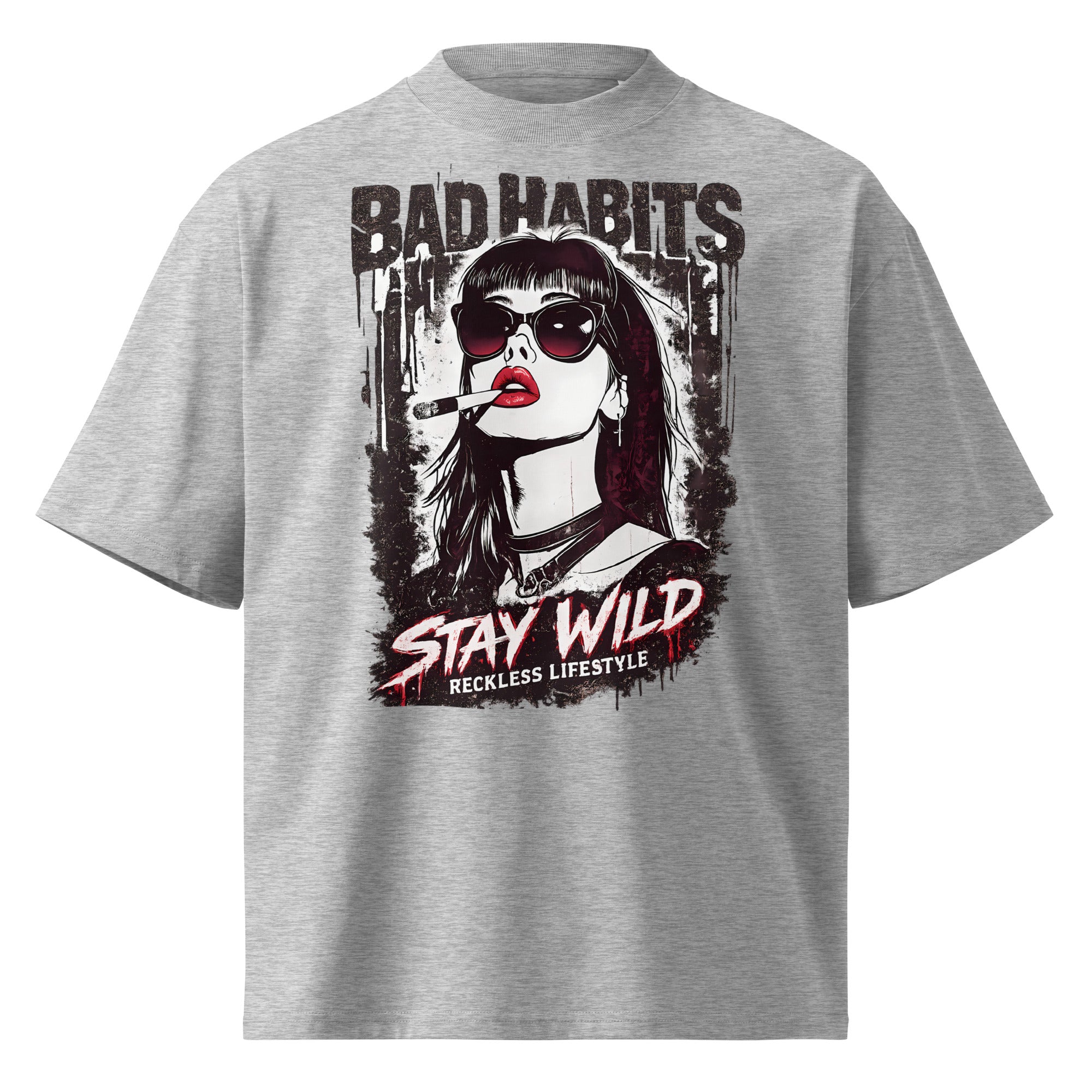 Grey oversized streetwear t-shirt with bad habits stay wild statement design, front view