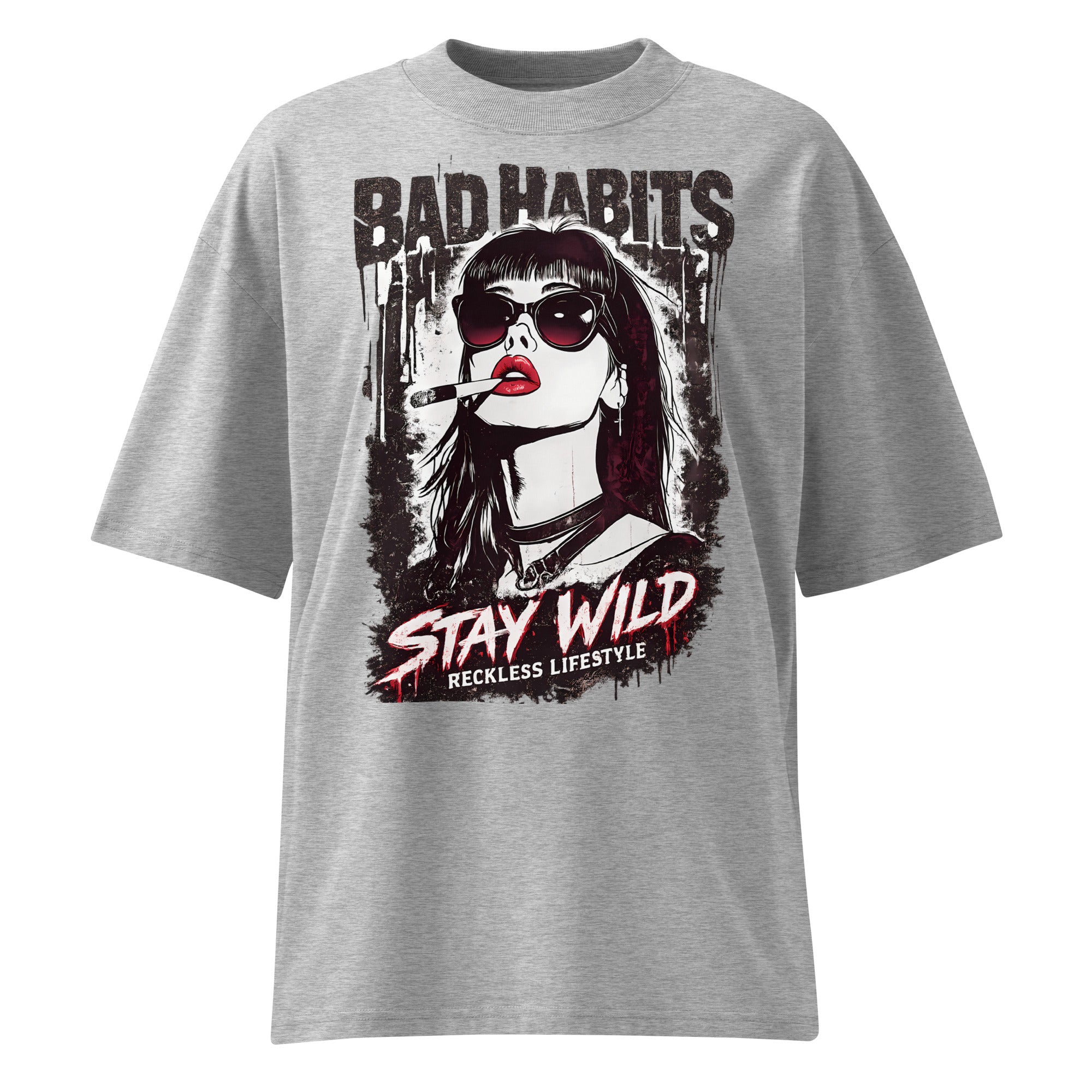 Grey oversized streetwear t-shirt with bad habits stay wild statement design, front view