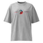 Light grey oversized T-shirt with small centered chest logo print, minimalist unisex design.