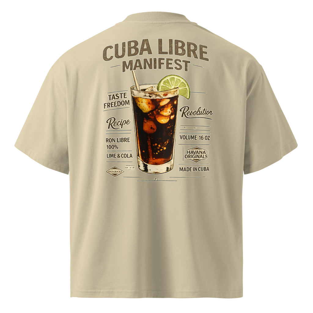 Sand beige graphic t-shirt back view featuring “Cuba Libre Manifest” cocktail illustration, retro bar poster design.