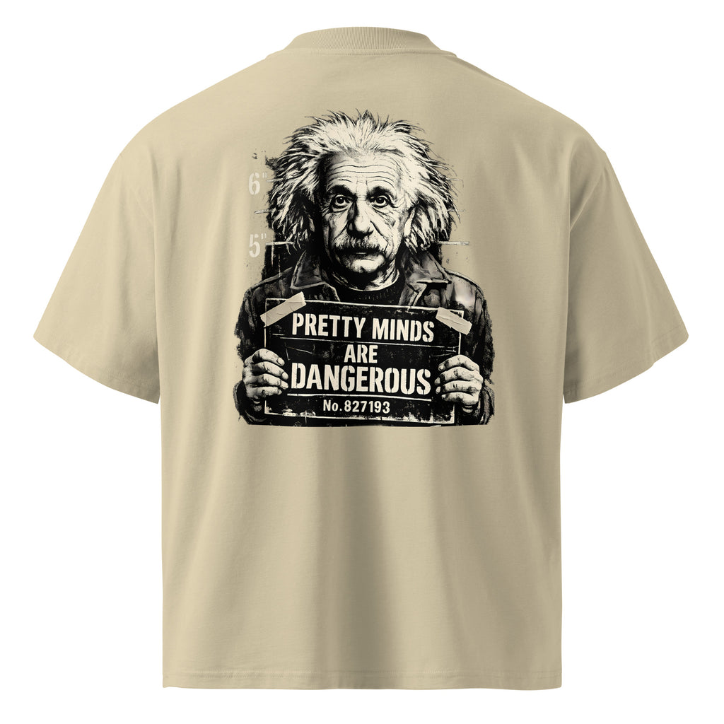 Beige oversized hoodie back view with large Albert Einstein portrait graphic and streetwear typography