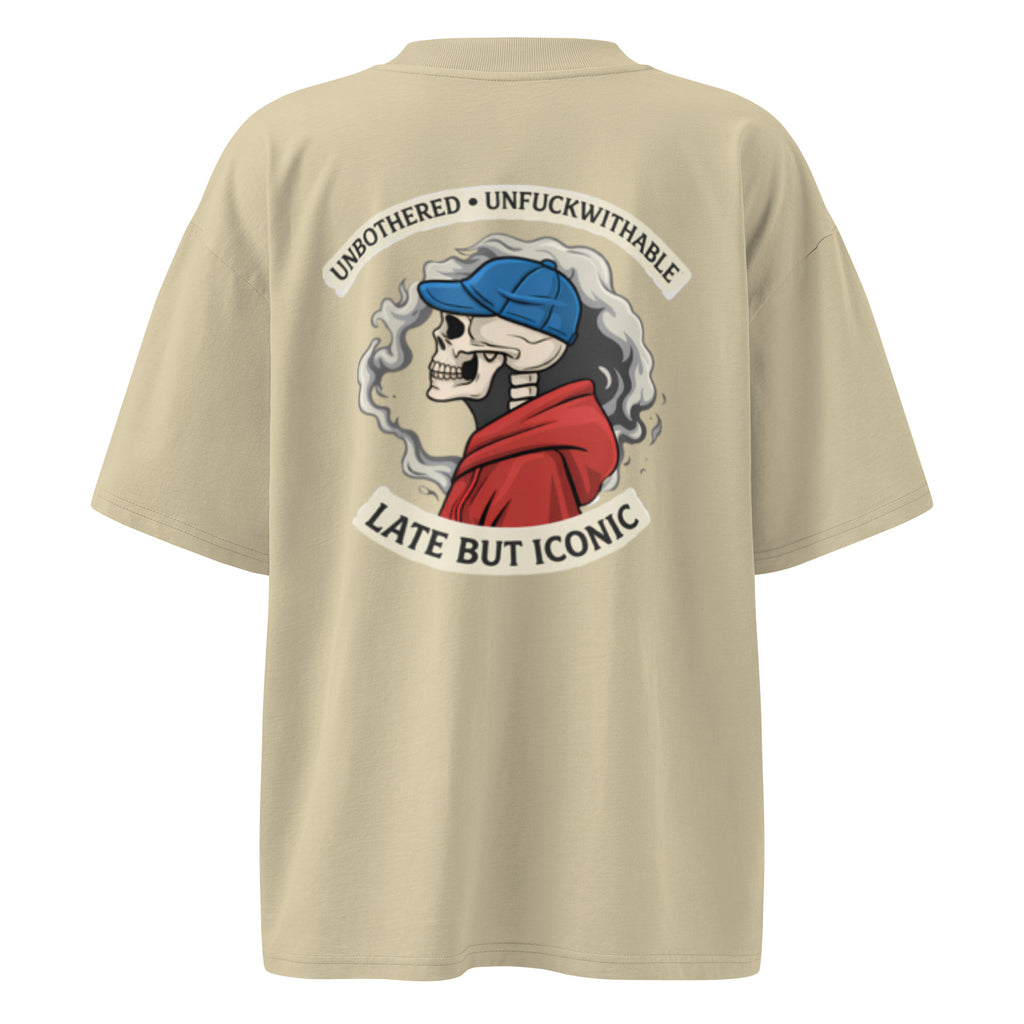 Beige oversized graphic T-shirt with large back print featuring vintage-style illustration and bold typography, streetwear unisex design.