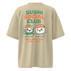back view beige oversized graphic streetwear t shirt sushi social club cartoon sushi design urban streetwear outfit