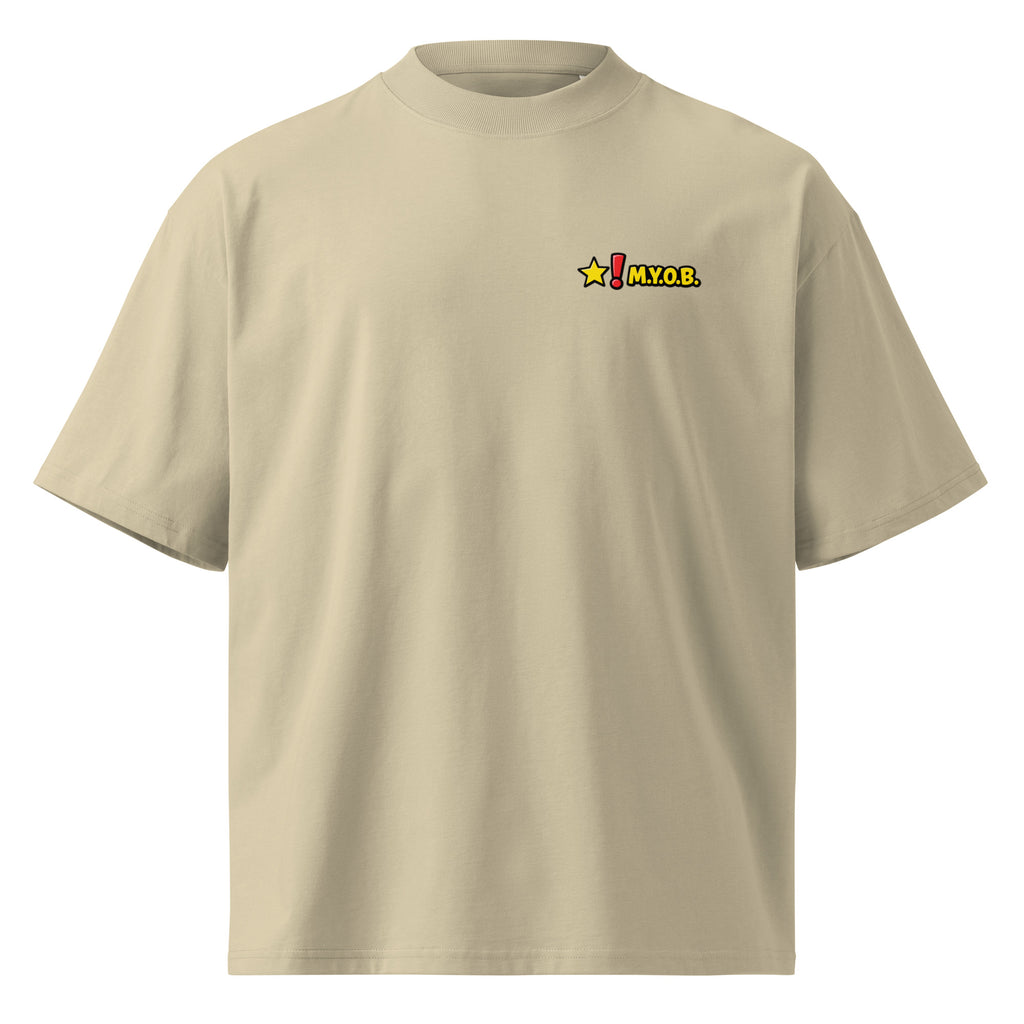 Sand colored streetwear t-shirt with small chest logo, front view minimal design product mockup.