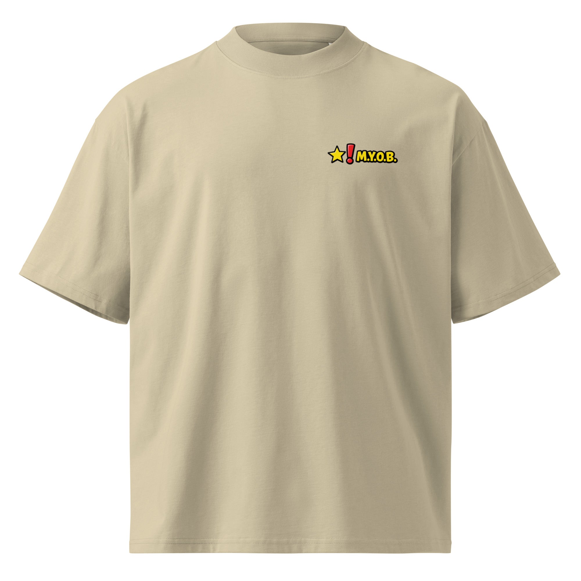 Sand colored streetwear t-shirt with small chest logo, front view minimal design product mockup.