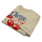 Close-up of vintage cherry cocktail recipe design with red blue typography and illustrated cherries on white cotton