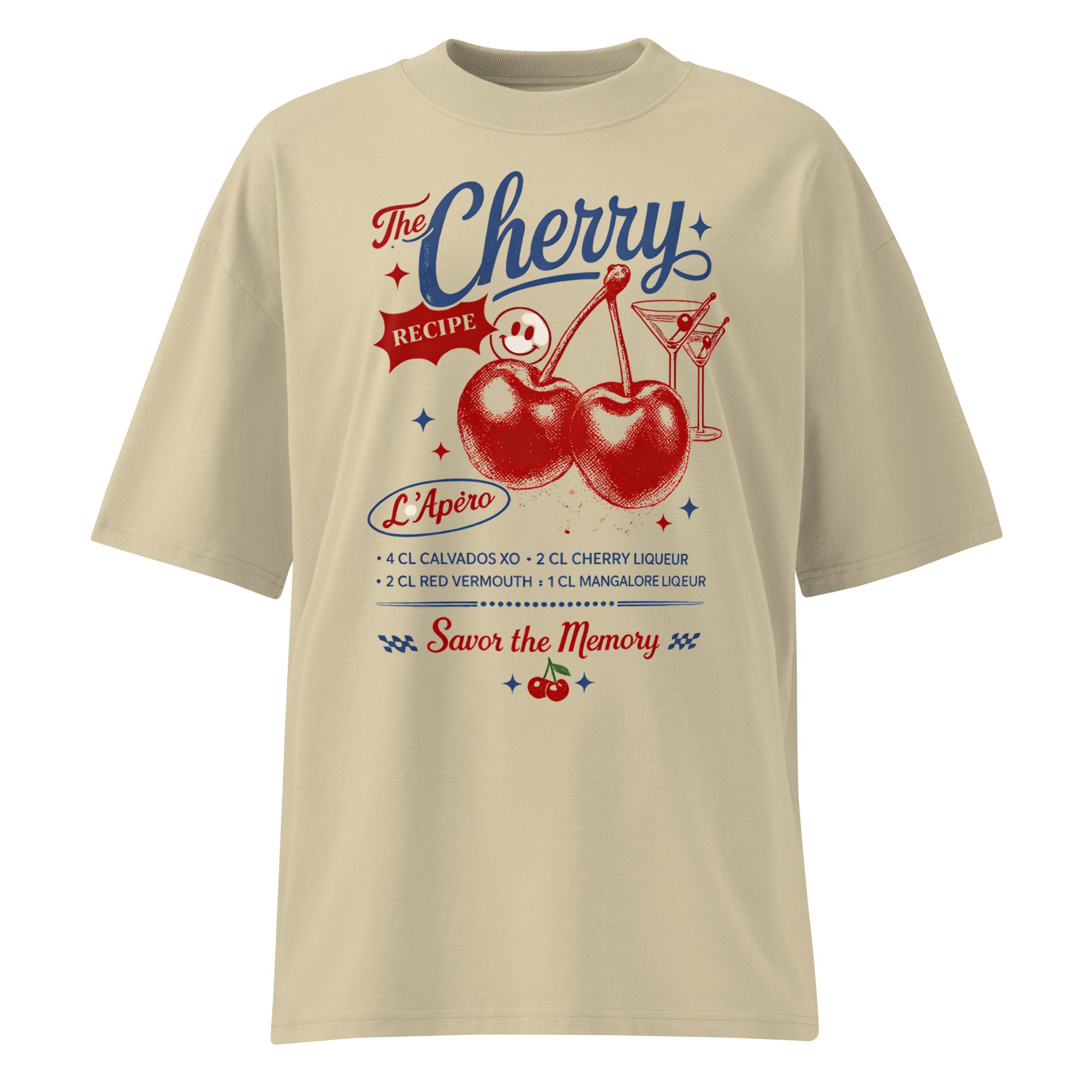 Beige oversized streetwear T-shirt with vintage cherry cocktail graphic, retro recipe typography and red blue cherries illustration