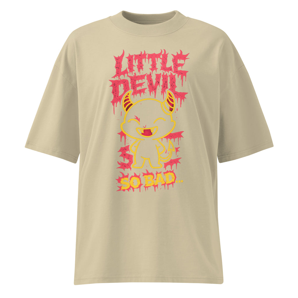 Stone oversized streetwear T-shirt featuring a dripping red “Little Devil” graphic, cute cartoon devil character illustration and bold “So Bad” slogan print on the front
